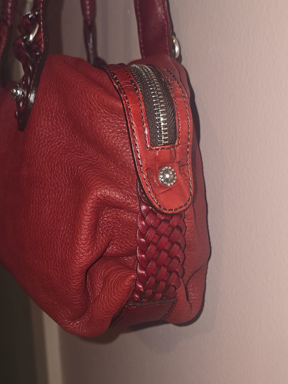 Brighton Red Pebbled Leather Satchel Shoulder Bag Braided Straps Silver Accents - Picture 8 of 16